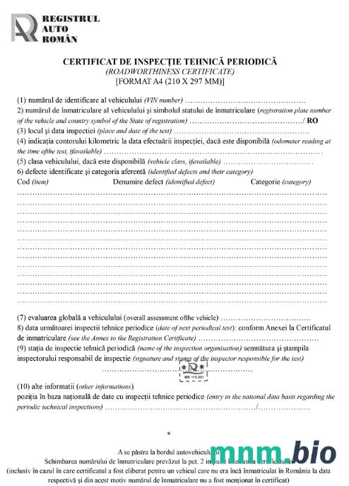 Romania Registrul Auto Român Periodic technical inspection certyfikat (roadworthiness certyfikat)